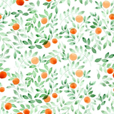 Suluboya kusursuz desen. Soyut yeşil yapraklar ve portakal meyveleri, beyaz arka planda mandalina. Provence stilinde klasik arka plan, botanik süsü. Kumaş, duvar kağıdı tasarımı