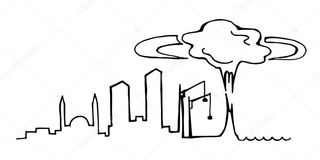 stock illustration, explosion in the port of Beirut, Lebanon. Tragedy in Beirut, explosion, accident. line drawing of the silhouette of the city of Beirut. pray for beirut