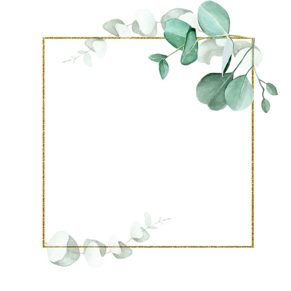 Zlatý Čtvercový Rám Akvarelem Eukalyptu Listy Izolované Bílém Pozadí Design — Stock fotografie