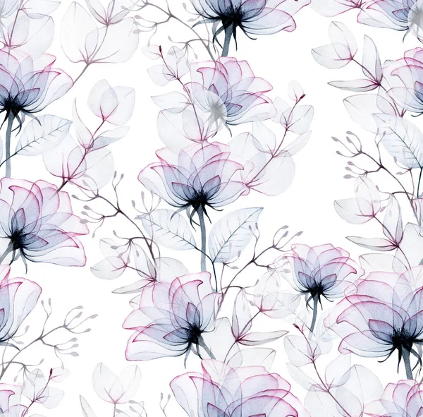 seamless watercolor pattern with transparent rose flowers and eucalyptus leaves. x-ray. transparent roses of blue and pink color, background for fabric, wallpaper, wrapping paper. vintage design