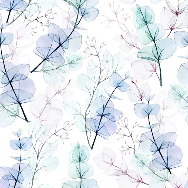 seamless watercolor pattern with transparent eucalyptus leaves on a white background. eucalyptus leaves of pastel colors pink, blue, green, purple. delicate pattern for wedding, fabric, wallpaper