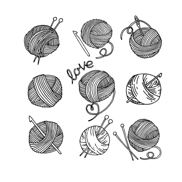 Vector Doodle Stijl Tekening Set Van Breien Wollen Ballen Met — Stockvector