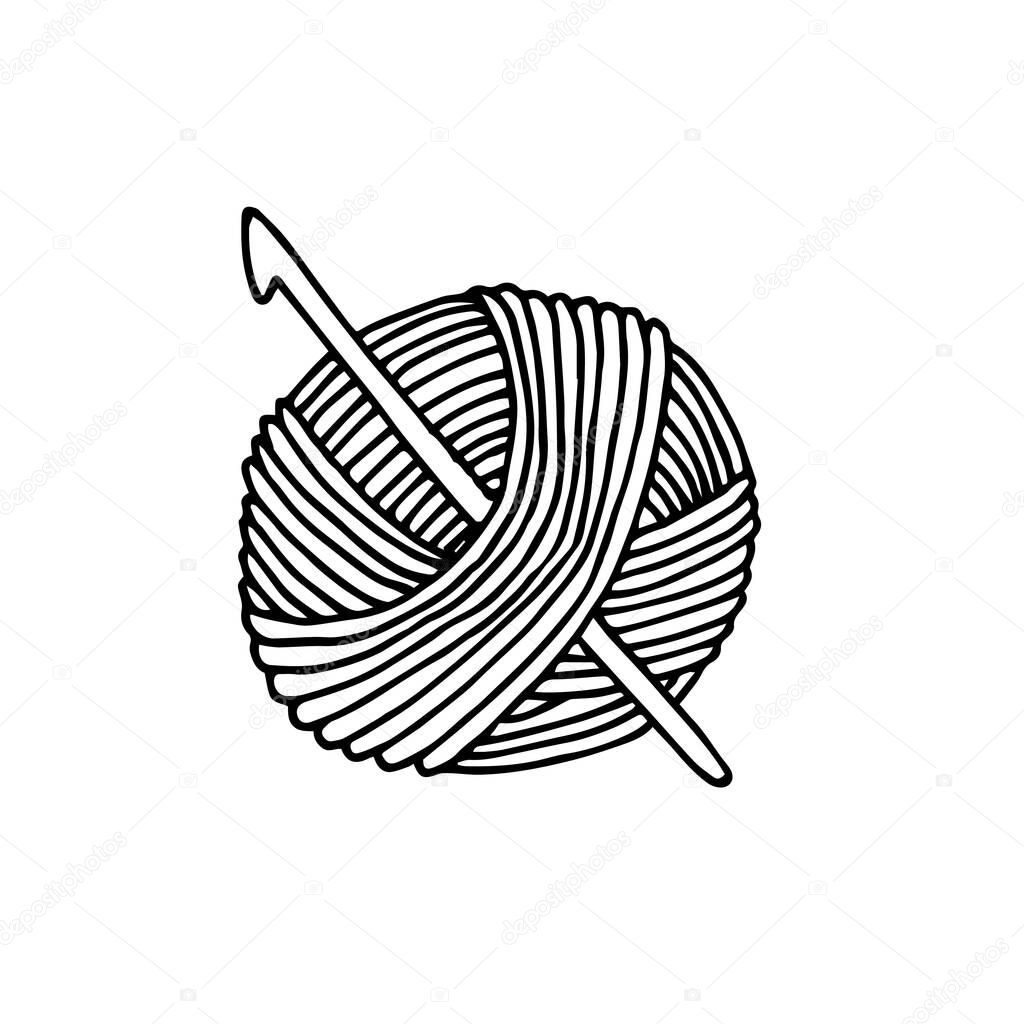 Vector drawing in the style of doodle. a skein of yarn for knitting and a crochet hook. simple drawing of a ball of thread for crocheting. symbol of handmade, homework, hobby. I love to knit.