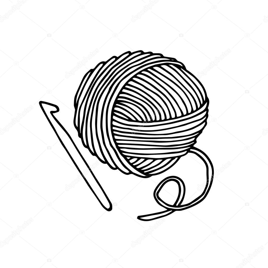 vector drawing in the style of doodle. a skein of yarn for knitting and a crochet hook. simple drawing of a ball of thread for crocheting. symbol of handmade, homework, hobby. I love to knit.