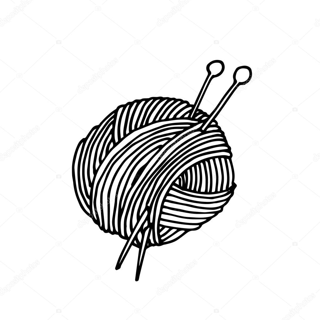 Vector illustration in doodle style. a skein of thread for knitting and knitting needles. cute icon of ball of wool and knitting needles, symbol of knitting, hobby, made by hands.