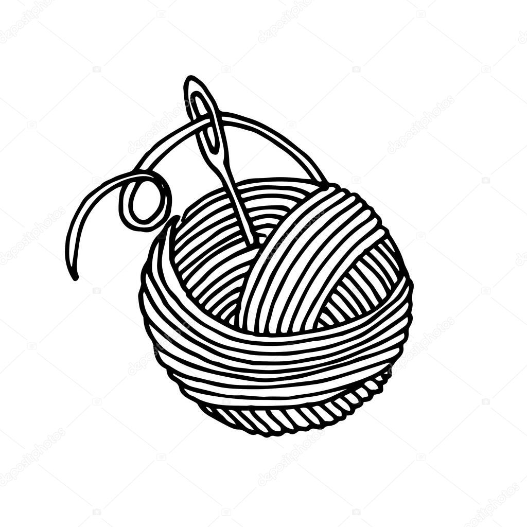 Vector illustration in doodle style. a ball of thread with a needle. symbol of knitting, sewing, crochet. skein of woolen thread with sewing needle isolated on white background