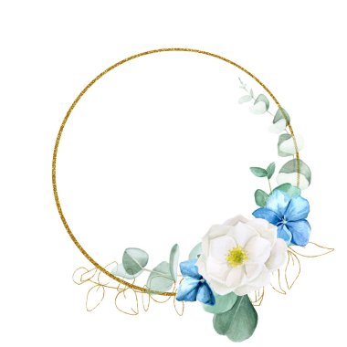 Yaban gülü ve ortanca çiçekli suluboya tebeşir çiçekleri ile altın yuvarlak çerçeve. Okaliptüs yaprakları, parlak altın elementler. Düğün için klasik tasarım, kartlar, tebrikler, davetiyeler