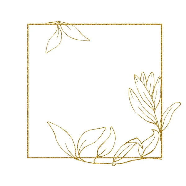 金正方形 长方形框架 有桉树叶子 闪亮的框架 被白色背景隔离 采购产品古董 香水和化妆品的豪华设计 邀请函 — 图库照片