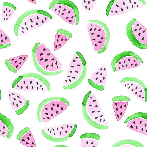 Akvarel Ilustrace Bezproblémové Vzor Roztomilé Kousky Melounu Izolované Bílém Pozadí — Stock fotografie