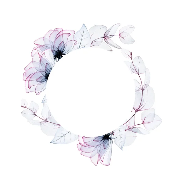 round frame with watercolor transparent flowers and eucalyptus leaves.  transparent roses of pastel colors, pink, blue, gray. vintage design for  wedding, congratulations, postcards. isolated on white - Stock Image -  Everypixel