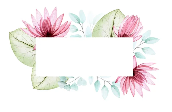 Rechthoekig Frame Met Eucalyptus Slib Lotusbladeren Bloemen Roze Lotus Waterlelie — Stockfoto