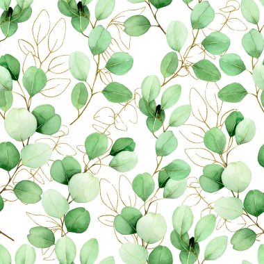 Okaliptüs yaprakları ve altın elementlerle kusursuz suluboya deseni. Altın yapraklı ve beyaz arka planda yeşil suluboya yapraklı klasik lüks baskı. Duvar kağıdı, kumaş tasarımı