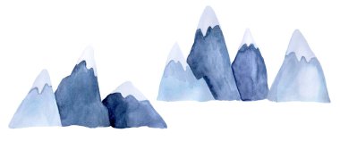 Suluboya çizimi, dağ elementleri seti. Karlı zirveleri olan dağlar beyaz arka planda izole edilmiş mavi renklerle suluboya boyanmış. Seyahat, kış tatili temalı şirin bir çizim.