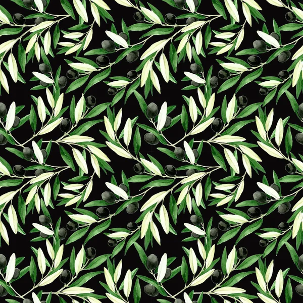在深色背景上有水彩画橄榄的无缝图案 在黑色背景上的橄榄叶 枝条和果实 纺织品 印刷品设计 — 图库照片