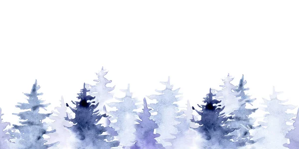 Seamless Border Web Banner Watercolor Blue Spruce Abstract Drawing Forest — Stock Photo, Image