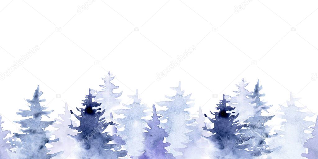 Seamless border, web banner. watercolor blue spruce. abstract drawing of forest isolated on white background. symbol of traveling, nature, tourism, recreation isolated