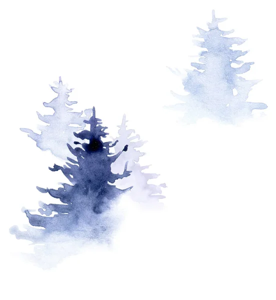 Dessin Aquarelle Ensemble Sapins Abstraits Dessin Abstrait Couleur Bleue Silhouette — Photo