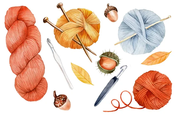 Aquarell Set Von Elementen Zum Stricken Wollknäuel Knäuel Stricknadeln Häkelnadel — Stockfoto