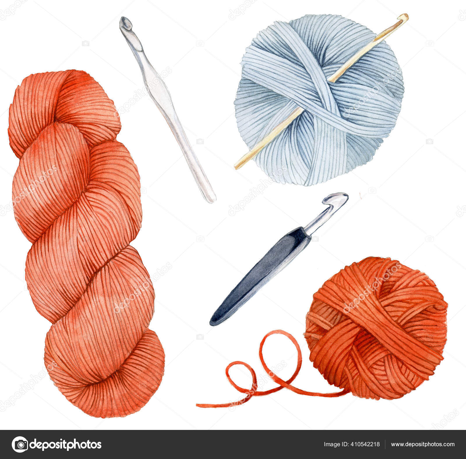 Dessin L'aquarelle Ensemble D'éléments Crochet Tricot Crochet Clip Art Fil  image libre de droit par Odrik © #410542218