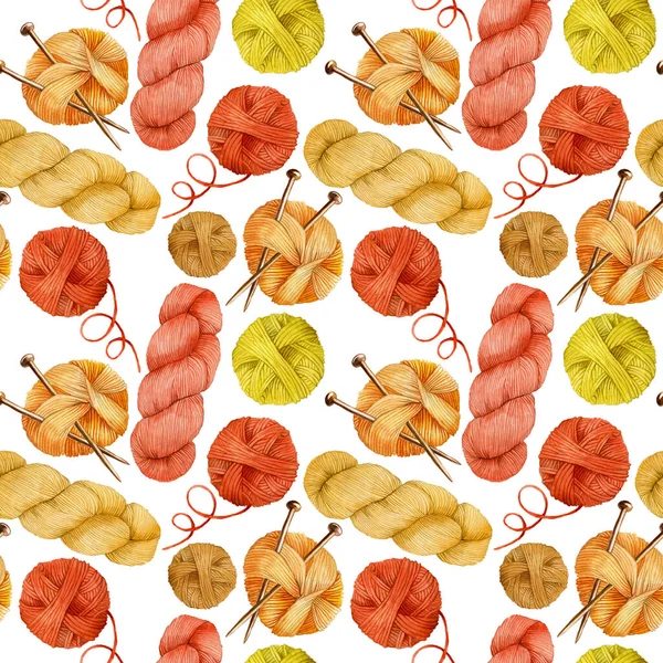 seamless watercolor pattern with balls of yarn for knitting. yarn of autumn colors of yellow, red and orange on a white background. crochet print and knitting, hobby, handmade. cozy background