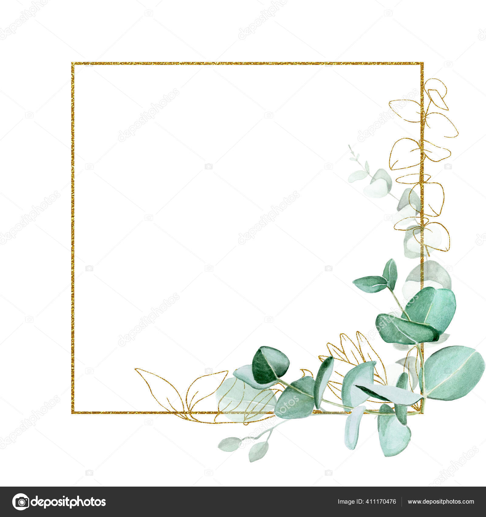 Vintage Gold Square Frame Eucalyptus Leaves Rectangular Shiny Frame  Watercolor Stock Photo by ©Odrik 411170476