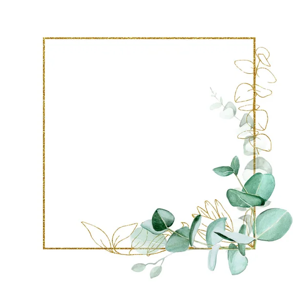 Moldura Quadrada Ouro Vintage Com Folhas Eucalipto Quadro Brilhante Retangular — Fotografia de Stock