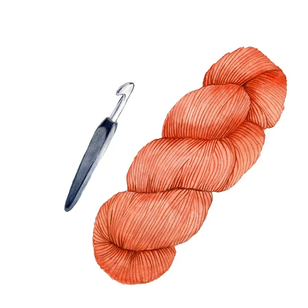 Watercolor Drawing Clip Art Skein Yarn Knitting Crochet Hook Cute — Stock Photo, Image