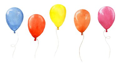 Beyaz arka planda izole edilmiş renkli balonları olan suluboya seti. Balon koleksiyonu, bayram için dekorasyon, doğum günü. balonlar mavi, kırmızı, turuncu, pembe, sarı