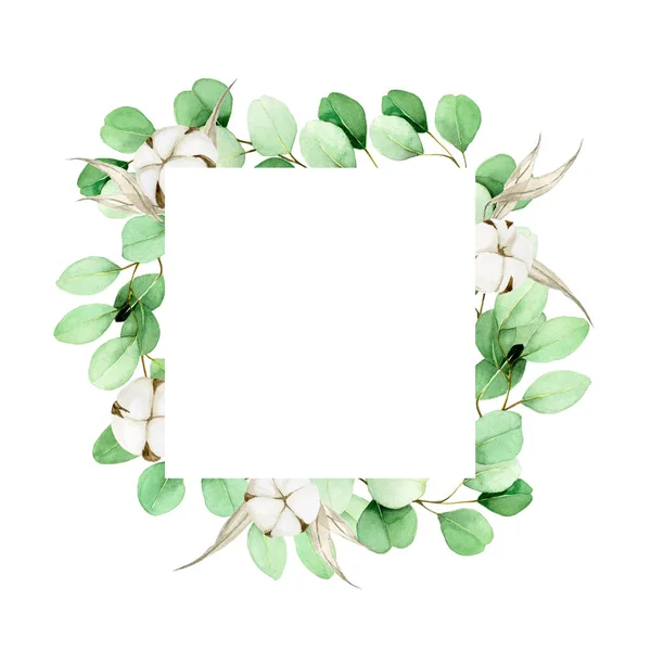 Aquarel Vierkant Frame Met Eucalyptus Bladeren Katoenen Bloemen Clipart Van — Stockfoto