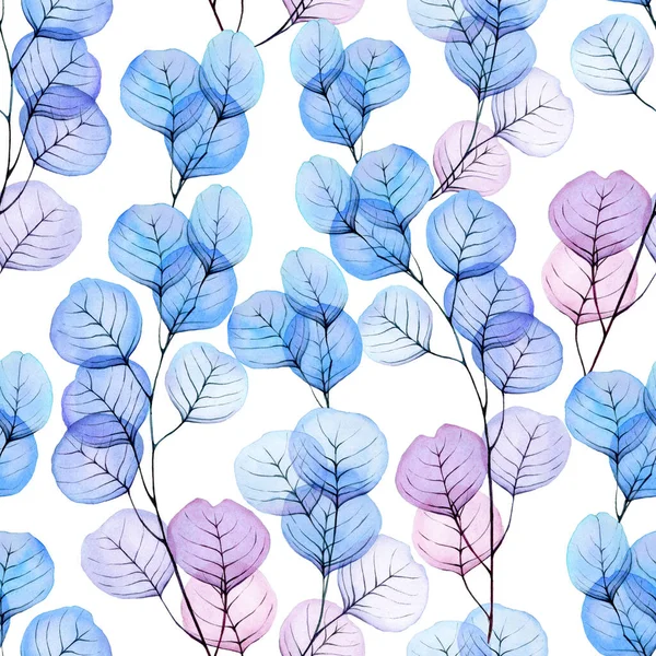 watercolor seamless pattern with transparent eucalyptus leaves. transparent flowers and leaves of blue, purple, pink eucalyptus on a white background. pastel colors, print for fabric, cards, wrappers