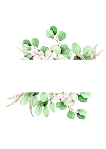 Akwarelowa Ramka Liści Eukaliptusa Kwiatów Bawełny Delikatny Vintage Design Wesele — Zdjęcie stockowe