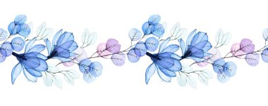 suluboya illüstrasyon, şeffaf çiçeklerle kusursuz yatay sınır. şeffaf manolya çiçekleri ve okaliptüs yaprakları pembe ve mavi çiçekler. Pastel renkler, eski tasarım