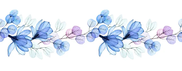 Akvarel Ilustrace Hladký Vodorovný Okraj Průsvitnými Květy Průhledné Květy Magnólie — Stock fotografie
