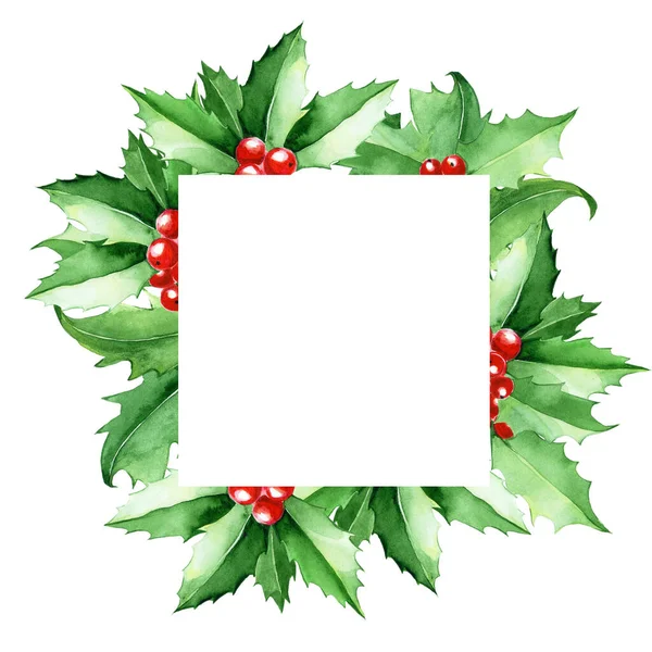 Watercolor Square Frame Border Holly Leaves Berries Green Leaves Holly — Stock Photo, Image