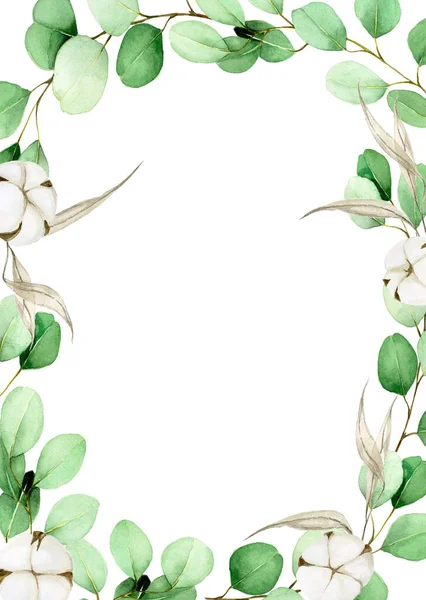 watercolor rectangular frame with eucalyptus leaves and cotton flowers. autumn decor of green eucalyptus and cotton leaves for wedding, cards, congratulations, invitations. watercolor clipart on white