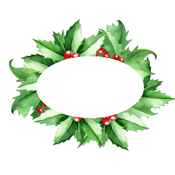 Watercolor Oval Frame Made Christmas Leaves Holly Berries Christmas Clipart — Stock Photo, Image