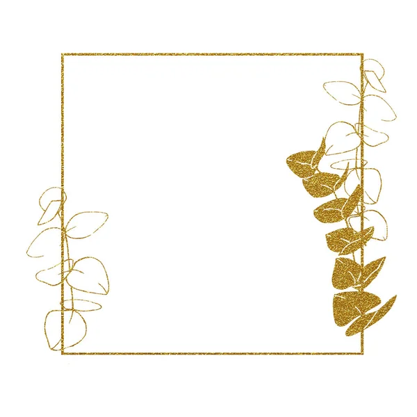 Cornice Quadrata Dorata Con Foglie Eucalipto Design Minimalista Matrimoni Saluti — Foto Stock