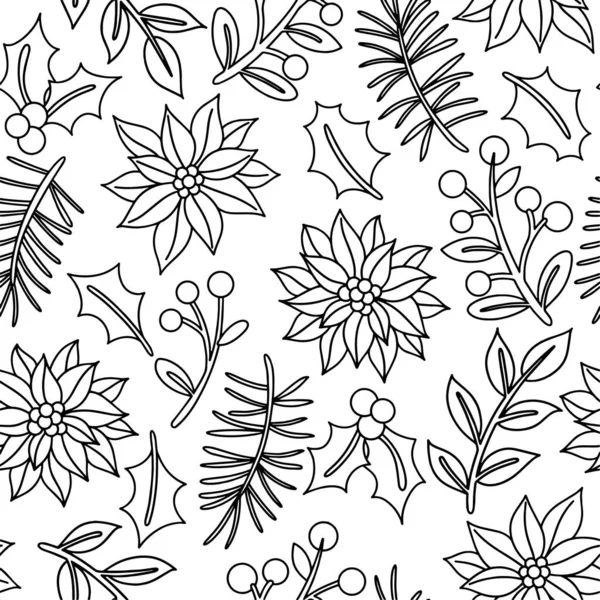 Noel bitkilerinin karalama tarzında kusursuz desenleri var. Basit vektör illüstrasyonu, boyama kitabı