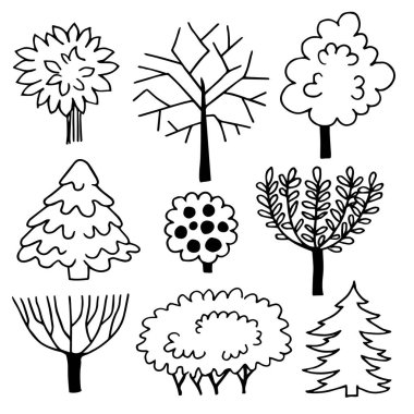 Karalama tarzında soyut ağaçlarla ayarlanmış. vektör illüstrasyonu