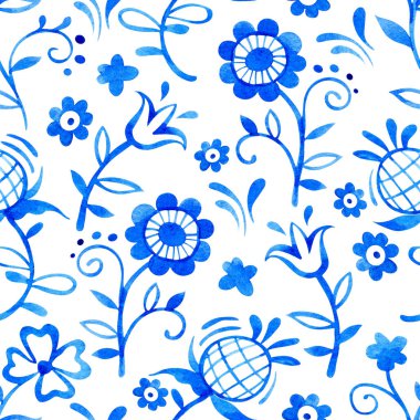 Kusursuz suluboya desenli ve soyut çiçekli. mavi süsler