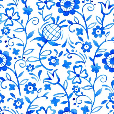 Kusursuz suluboya desenli ve soyut çiçekli. mavi süsler