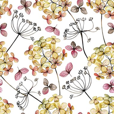 Narin suluboya ortanca çiçeklerinin kusursuz deseni. Şeffaf çiçekler, kuru yapraklar..