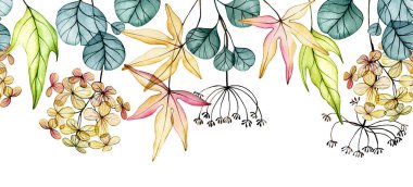 Narin suluboya sonbahar yapraklarının kusursuz sınırı. Şeffaf çiçekler, kuru yapraklar..