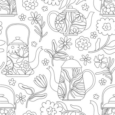 Boyama sayfası. Güzel çaydanlıkların ve soyut çiçeklerin modern tarzdaki kusursuz desenleri. Vektör satırı illüstrasyonu.