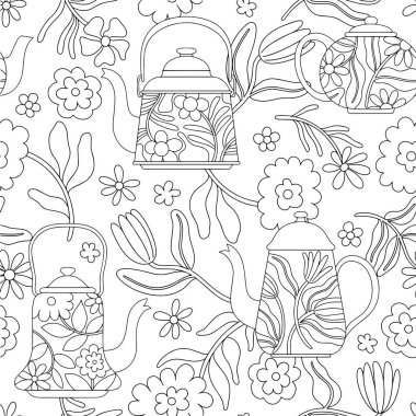 Boyama sayfası. Güzel çaydanlıkların ve soyut çiçeklerin modern tarzdaki kusursuz desenleri. Vektör satırı illüstrasyonu.