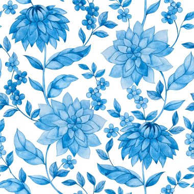 Mavi çiçekli ve yapraklı kusursuz bir desen. Suluboya çiçek izi.