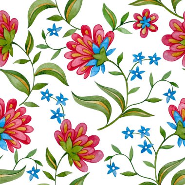 Çiçekler ve yapraklarla halk tarzında kusursuz bir desen. Suluboya çizimi, Hint baskısı