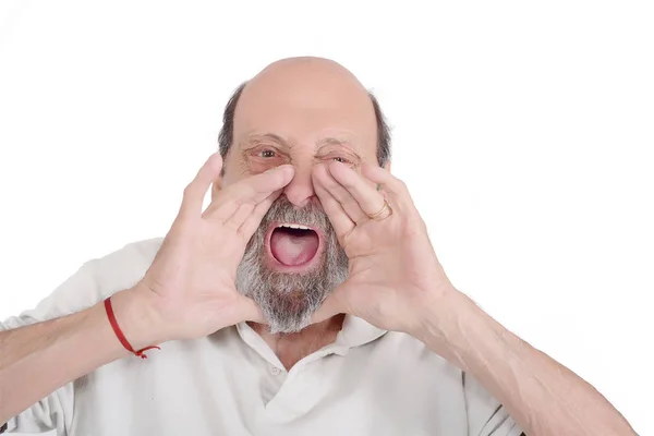 Retrato Anciano Gritando Con Las Manos Cara Fondo Blanco Aislado —  Fotos de Stock