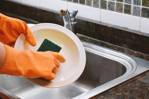 Close View Hands Rubber Gloves Washing Dishes Sponge Housework Concept — Stock Photo, Image