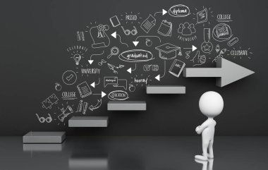 3D çizim. Oku merdiven ve mezun kroki üzerinde duran beyaz insanlar. Eğitim kavramı 